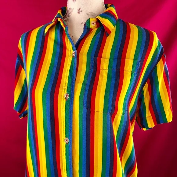 A.LAB Rainbow Striped Button Up Short Sleeve Shirt XS Gay Pride Colorful Kidcore - Picture 16 of 17